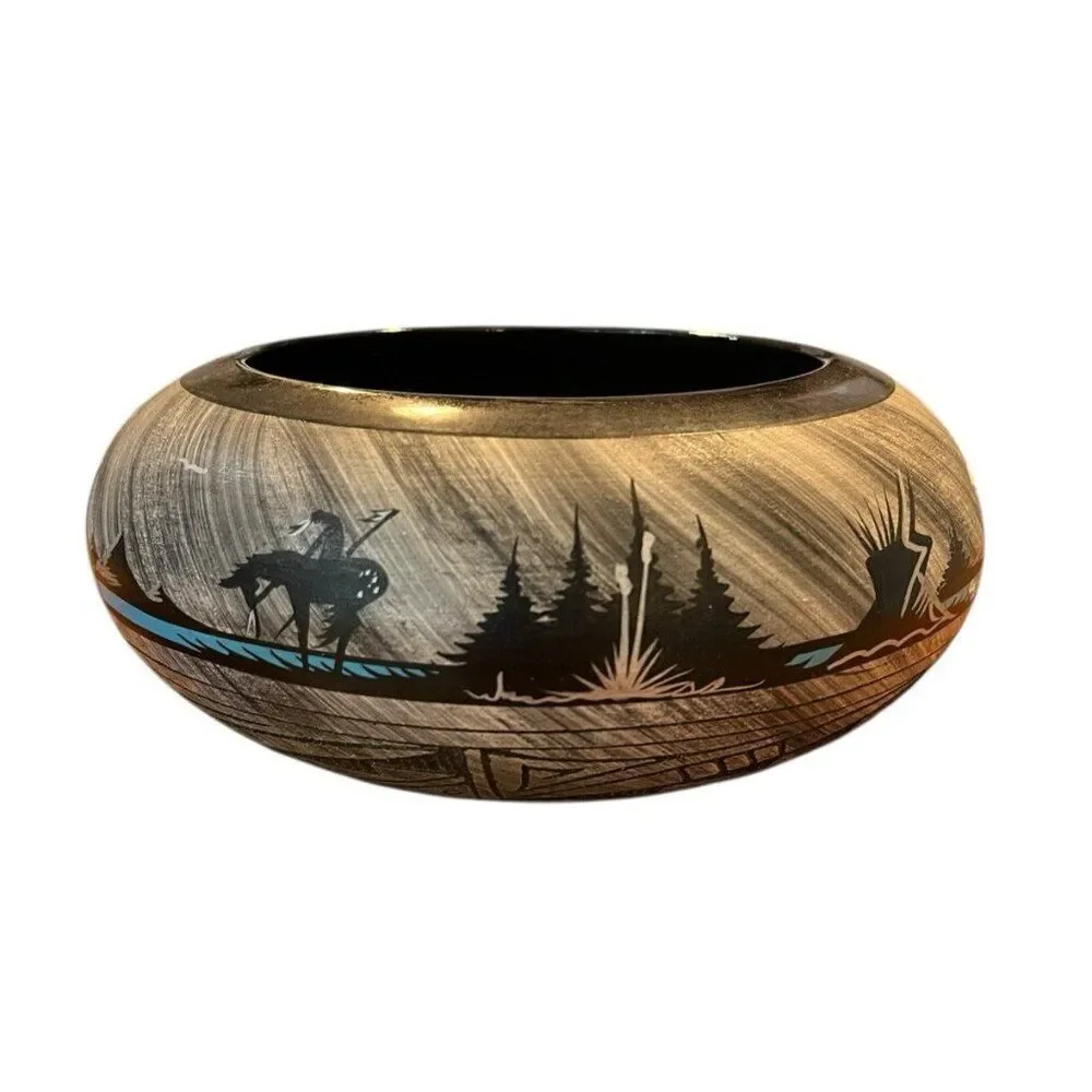 Navajo Pottery End Of The Trail Indian on Horse Mountains Black Turquoise Pot
